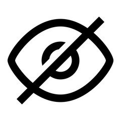 Black eye icon with a diagonal line across it representing hidden or visibility off on a white background