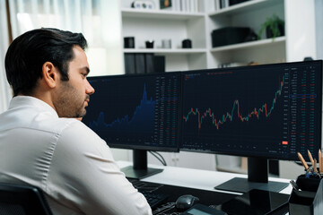 Smart trader businessman analyzing in two dynamic stock exchange investment screen on pc with investing highest profitable financial technology in searching market at modern home office. Surmise.