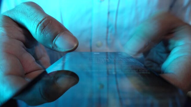 Timelapse a man scrolling content online. Endless scrolling of social media. A person looks at gadgets every day and is addicted to social media