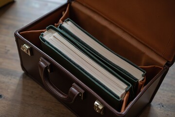 zoom in on the cover of a leather briefcase being opened with legal folders inside, no face shown.
