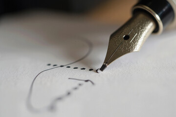 tight close up on a fountain pen tip as it touches a dotted signature line.