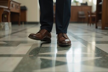 close up of leather shoes walking across a marble courthouse floor, blurred reflections.