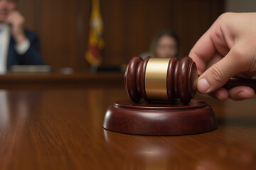 close up of a gavel being picked up from its base in preparation for a hearing.