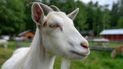 Fototapeta premium Close-up of a white goat with curved horns in a pastoral farm setting