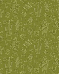 Seamless Doodle Pattern of Houseplants in Pots Line Art Monstera, Cactus, Aloe