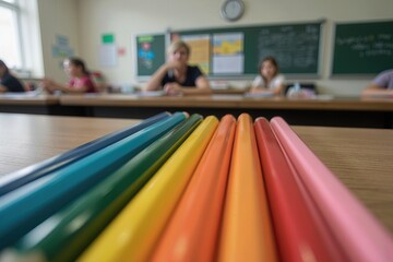 close up of colored pencils arranged neatly on a wooden table in a classroom.