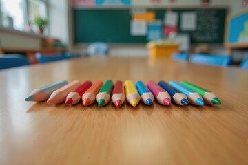 close up of colored pencils arranged neatly on a wooden table in a classroom.