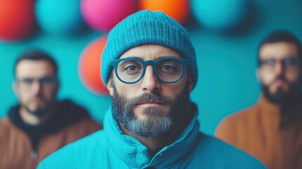 Fototapeta premium A stylish man wearing a beanie and glasses poses confidently against a bright backdrop filled with colorful spheres, showcasing a modern and artistic vibe.