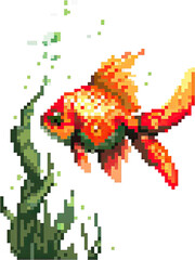 Pixel art goldfish in an underwater scene.