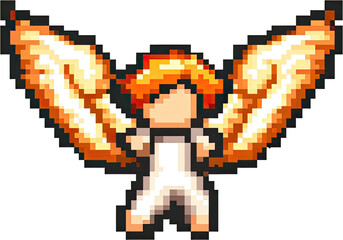 Pixelated figure with fiery wings.