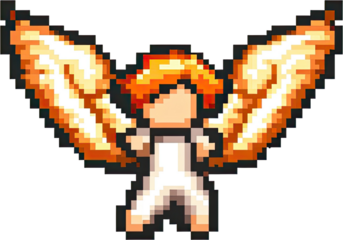 Pixelated figure with fiery wings.