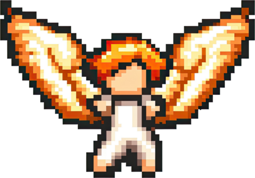 Pixelated figure with fiery wings.