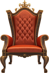 Ornate, high-backed chair with rich upholstery.
