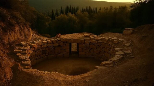 Circular burial chamber with stone wall construction in excavated archaeological site. Ancient neolithic tomb showcasing round burial architecture and prehistoric mortuary practices.