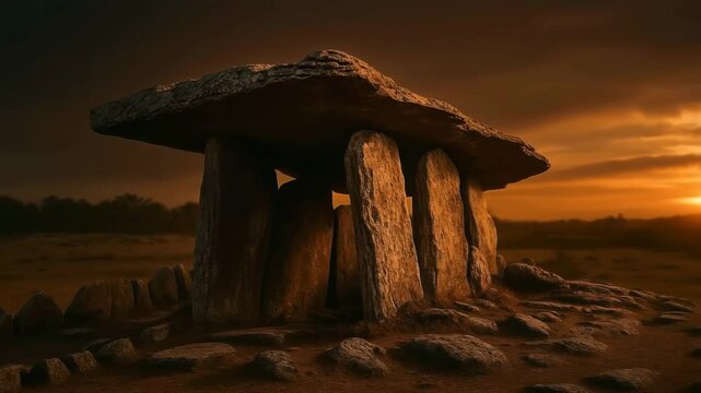 Megalithic dolmen stone monument illuminated by golden sunset light. Ancient burial chamber showcasing massive stone construction and prehistoric architectural achievement in dramatic lighting.