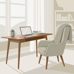 Serene Home Office Workspace Minimalist Desk Setup with Cozy Armchair and Natural Light