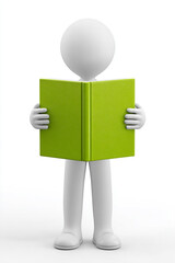 white 3d person reading a green book, isolated on white background