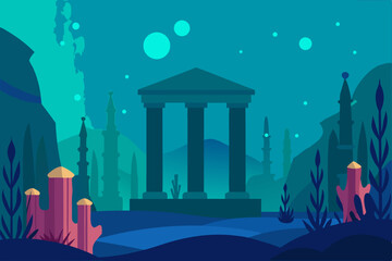 Black Silhouette Lost City of Atlantis with Greco-Roman Architecture underwater Vector illustration Background