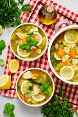 Summer Grilled Lemon Chicken and Vegetable Soup.style hugge.selective focus