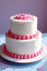 Two-tiered cake, pink & purple sprinkles, white frosting, birthday, delicious