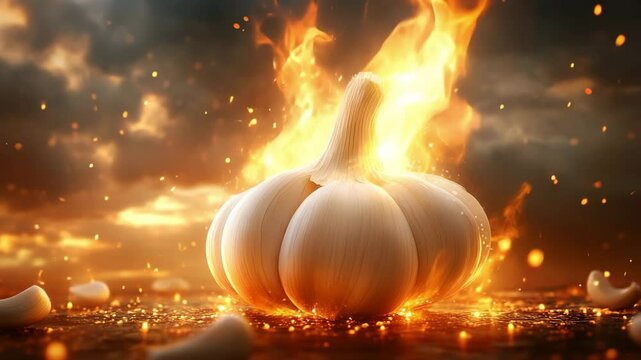 A single garlic bulb ignites in intense flames on a scorched ground under a dramatic sky, capturing a surreal and fiery moment perfect for fantasy, culinary, or conceptual visual storytelling.