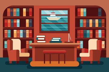  Luxurious Yacht Library Interior with Wooden Shelves and Leather Chairs Vector illustration Background