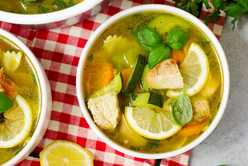 Summer Grilled Lemon Chicken and Vegetable Soup.style hugge.selective focus