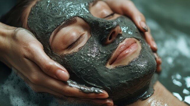 A serene spa moment featuring a woman receiving a charcoal face mask treatment, capturing relaxation and self-care in a soothing environment with gentle hands. - Powered by Adobe