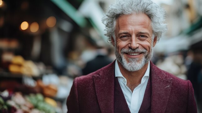 A joyful older man with gray hair and a beard smiles warmly at the camera, surrounded by colorful market stalls, radiating warmth and approachability in a lively atmosphere.