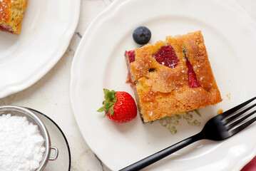 Gluten free old fashioned berry coffee cake.top veiw..selective focus