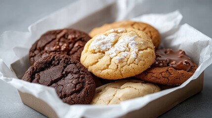 Fototapeta premium This appealing image showcases a variety of cookies presented artfully in a box, highlighting their texture and distinct flavors, perfect for sharing a sweet treat.