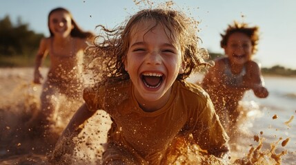 This lively image showcases joyful children splashing in shallow water, encapsulating the essence of carefree childhood during summer, filled with happiness and laughter amidst nature.