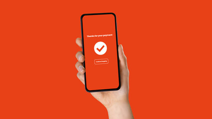  Smartphone Displaying Payment Thank You Confirmation with Continue Shopping Button