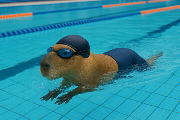 Capibara vestido de nadador en la piscina ol&iacute;mpica