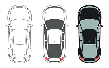 Three Cars Top View Illustration Outline Grayscale and Full Color Versions for Automotive Design and Presentation Purposes on a White Background