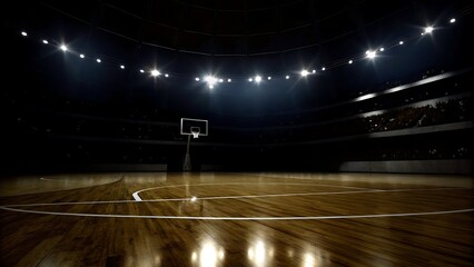 A basketball court with a hoop and stadium seating under bright lights in a dark arena setting