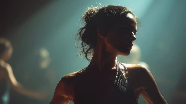 Cinematic portrait of a ballerina posing under dramatic stage lights, her silhouette highlighted against a smoky backdrop, creating a sense of anticipation and artistic expression