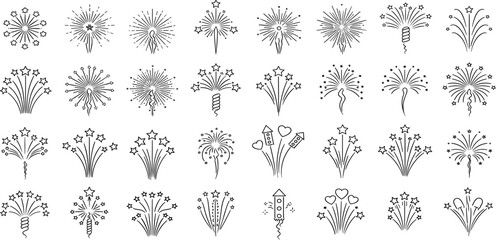  Fireworks line icon set. Vector pictograms of various burst patterns, star, spiral, fountain, rocket, heart shape explosion for celebration party