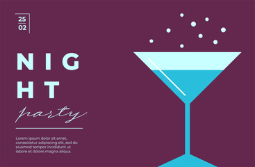 Flat night party poster with abstract cocktail glasses and geometric shapes. Trendy summer vibe with modern typography. Ideal for bar menu, event flyer or disco celebration banner. Vector illustration