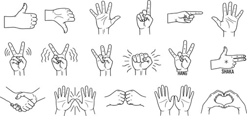 Hand gesture line icon set. Vector pictograms of thumbs up, peace sign, high five, fist bump, rock on, heart shape 