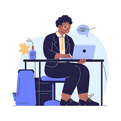 A businessman in a suit typing on a laptop with glowing holographic AI icons and neural network graphics in a modern office.