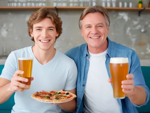 Young man and older man smiling while holding glasses of beer and a pizza in a casual dining setting, enjoying a moment of togetherness and celebration