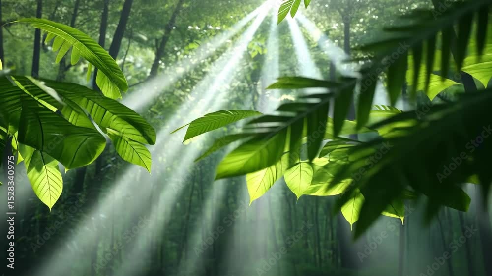 Poster Sunlit Forest: Sunbeams cascade through the lush canopy, illuminating the verdant leaves and creating an ethereal ambiance in the depths of a tranquil forest. 