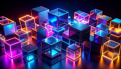 Floating geometric shapes assembling into intricate patterns, AI-generated designs pulsating with neon hues against a dark void