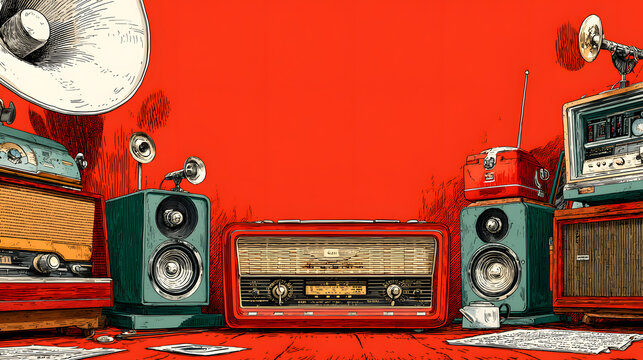 Celebration of World amateur radio day with vibrant artwork for communication enthusiasts. Horizontal banner. Copy space. Vintage illustration, red background - Powered by Adobe