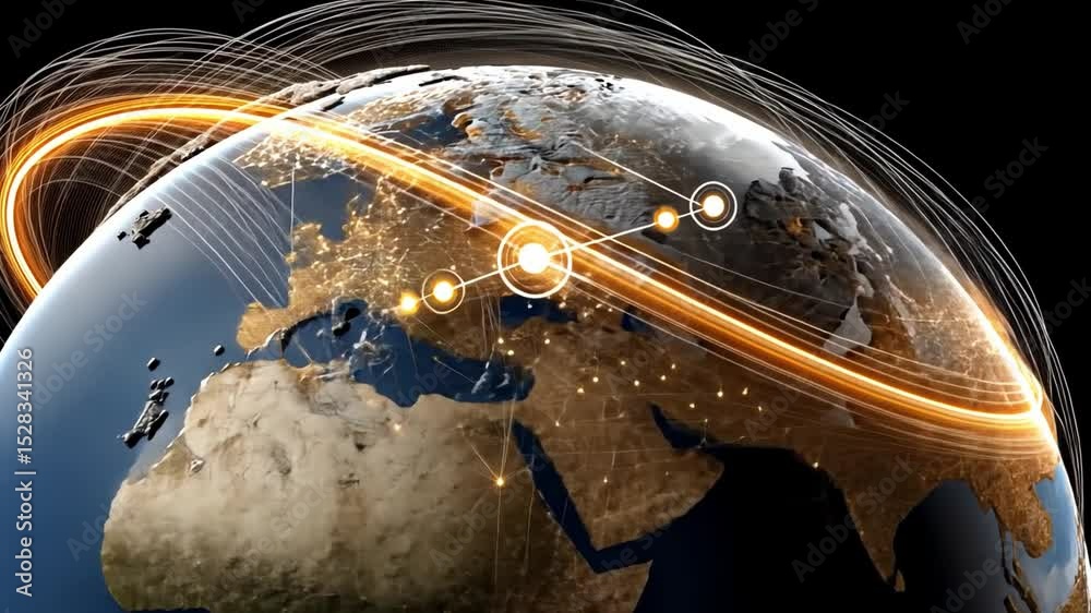Poster Global Connections: A captivating view of Earth enshrouded in intricate, flowing lines of light. This image encapsulates the concepts of globalization and interconnectedness.