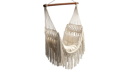 A cozy macrame chair hanging serenely, offering a tempting invitation for relaxation and leisure. the detailed macrame, inviting comfort and tranquility.