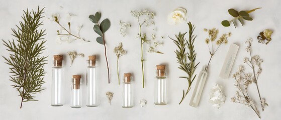 botanical flat lay with glass vials and flower samples