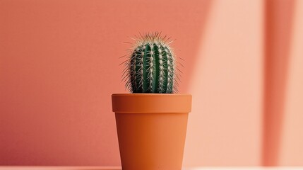 Beautiful cactus in an orange clay pot on a pastel pink background, aesthetic style, high resolution photo. High quality photo.