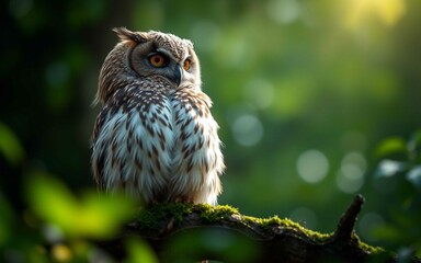 Obraz premium Close-up of a wild owl on mossy branch with soft forest background, symbolizing wildlife conservation, 8K ultra-clear mirrorless photo style, no humans, sharp and natural.